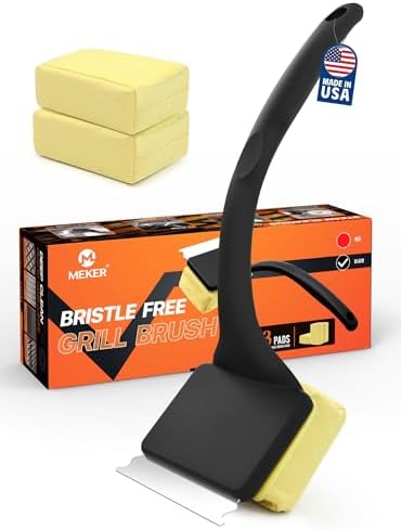 MEKER Grill Brush Bristle Free, Grill Cleaner Brush with 3 BBQ Replacement Head, Seamless Scraper Tool for Cast Iron, Stainless Steel Grates, Safe Grill Scraper Outdoor BBQ Grill, Black