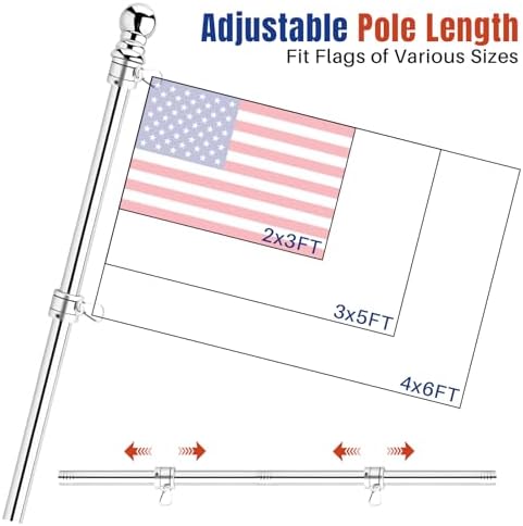 Stainless Steel Flag Pole Kit, 6Ft Thickened Flagpole Wall Flag Holder with Non Tangle Flagpole Spinners for Outside House,Two-Position Residential Wall Mount Flag Poles Accessories,Flag Stick(Silver)