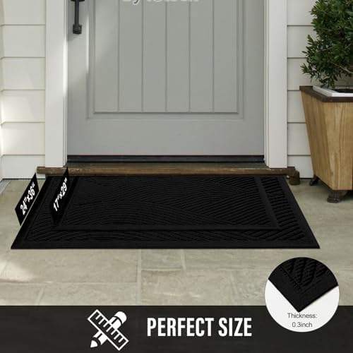 Sturdy Front Door Mat, Absorbent Muddy Dirt Resist Welcome Door Mats Outdoor Indoor, Stain and Fade Resistant, Non-Slip Backing Entry Mat Low Profile Doormat for Entryway, 36×24, Black