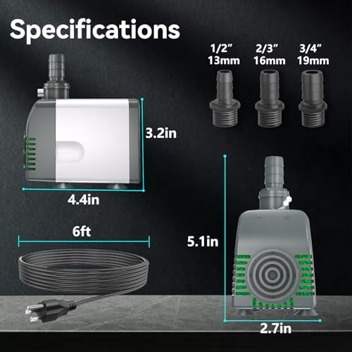 550GPH Submersible Water Pump, Fountain Pumps with Over Heating Protection Adjustable Flow Rate Desin 6.5ft High Lift for Fountains, Hydroponics, Ponds, Aquariums & More