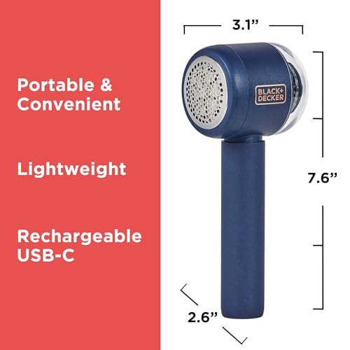BLACK+DECKER Rechargeable USB-C Fabric & Garment Shaver – Large Capacity Lint Remover for Clothing and Upholstery, 6 Stainless Steel Blades