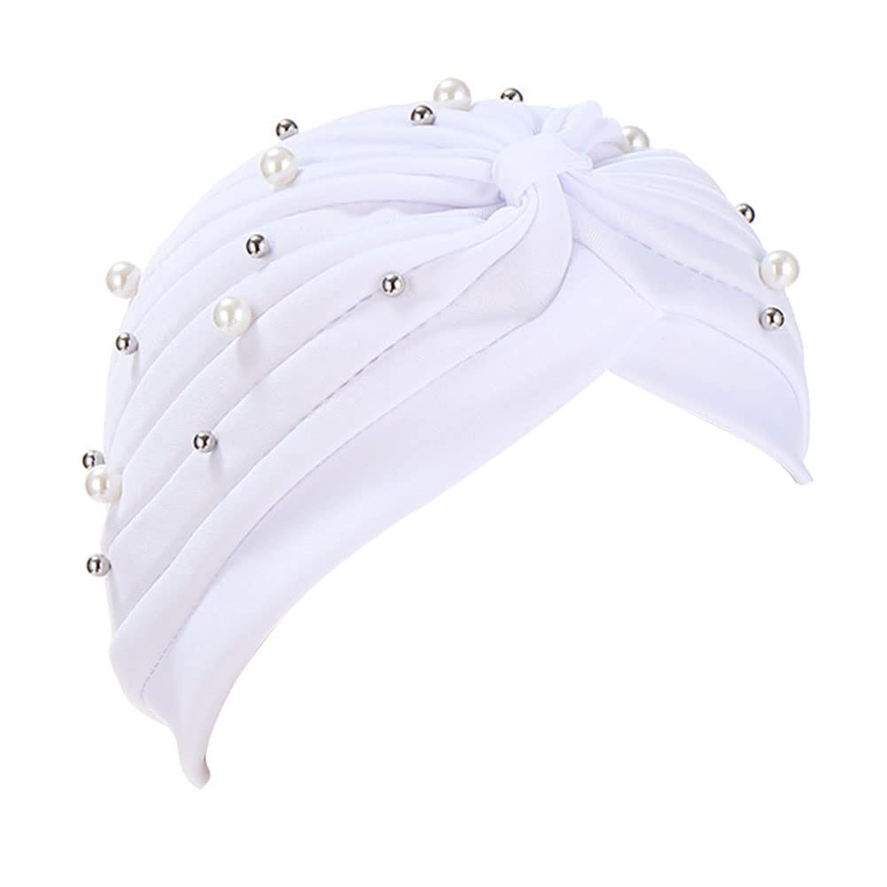Fxhixiy Turban Hats for Women Beaded Pre Tied Knot Hats Chemo Beanies Headwrap caps for Cancer Hair Cover (White)