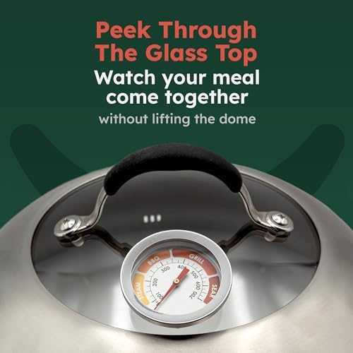 Melting Dome with Thermometer & Glass Top – 12-inch Stainless Steel Griddle Dome - Basting Cover with Steam Vent – Perfect for BBQ, Grilling, Cheese Melting & Family Cooking – 700°F