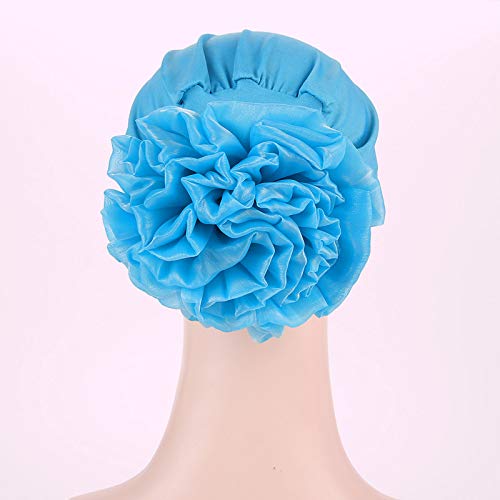 Muslim Women Flower Elastic Turban Beanie Head Scarf wrap Chemo Cap hat for Cancer Patient (Blue)