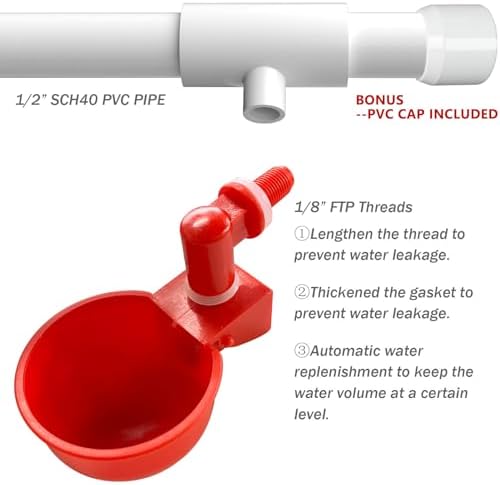 Chicken Water Cups for PVC with Tee (12 Pack), Automatic Chicken Waterer Kit for Poultry, DIY PVC Water Feeder for Chicken/Duck/Quail/Turkey