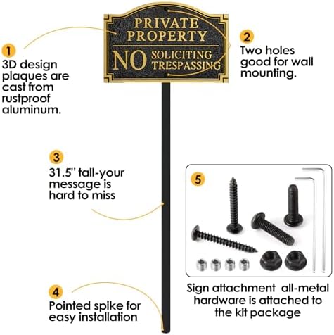 Private Property No Soliciting No Trespassing Statement Plaque,Solid Metal Cast Yard Sign, Heavy Duty Material, Embossed Letters,11.5"×7.5" with 31.5" Stakes and Upgraded Stainless Screws