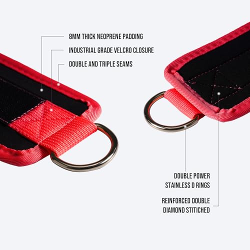 Slim Panda Ankle Strap for Cable Machine,Ankle Cuff for Kickbacks, Booty Hip Abductors,Glute Workouts, Leg Extensions, Curls for Men and Women, Adjustable with Double D-Rings (Pair, Red)