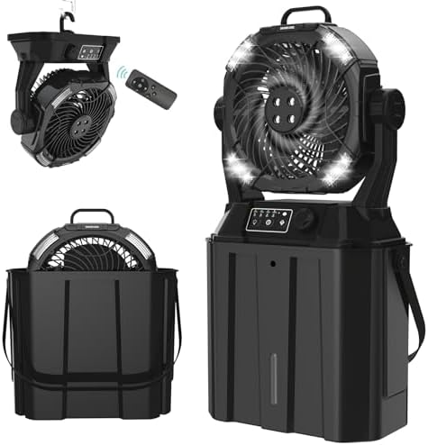 Portable Misting Fans - 6L Water Tank, 20000mAh Rechargeable Outside Water Fans with Remote Control, LED Light Adjustable Spray Mister Fan with Hook/Bucket, Misters for Outdoor Patio/Camping