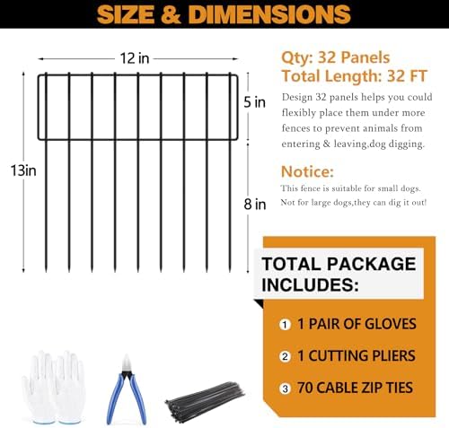 32 Panels Animal Barrier Fence, 32ft(L) X 13inch(H) No Dig Rabbit Fences, Dog Digging Defense Ground Bottom Blockers, Rustproof Metal Border for Garden Outdoor Patio Landscaping