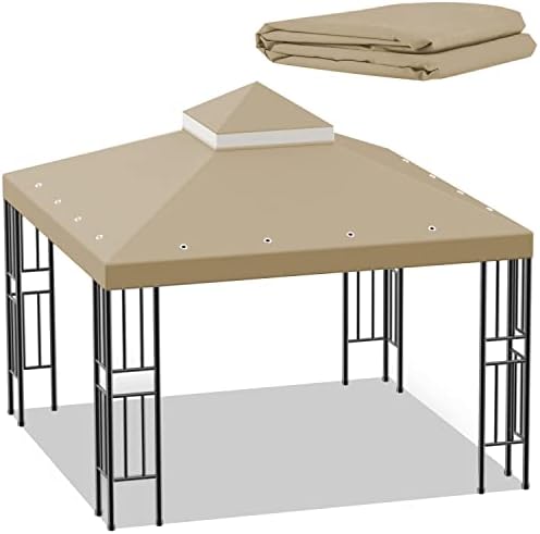 Sumfaller 10x10 FT Gazebo Replacement Canopy Top Cover Double Tiered Canopy Top Cover for Outdoor BBQ Roof Cover Grill Shelter (Brown)