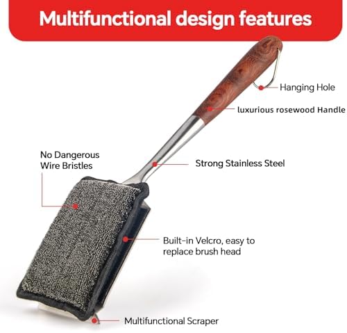 Bristle-Free Steam Cleaning Grill Brush,with Extended Luxurious Rosewood Handle and 1 Replacement Head,BBQ Grill Cleaning Brush Kit,Safe Grill Cleaner for Outdoor Grill,Gifts for Men/Dad