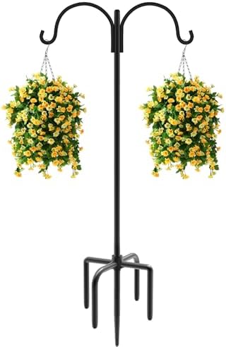 Artibear Double Shepherd Hooks for Outdoor, 92" Heavy Duty Bird Feeder Hangers Garden Hooks with 5-Prong Base, Outside Hanging Pole for Plant Baskets, Solar Light Lanterns, Wind Chimes, 1 Pack