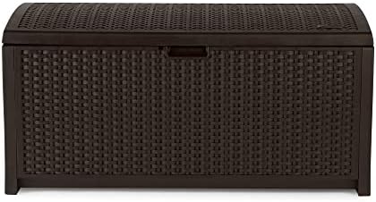 Suncast 73-Gallon Medium Deck Box - Lightweight Resin Indoor/Outdoor Storage Container and Seat for Patio Cushions and Gardening Tools - Store Items on Garage, Yard - Mocha Brown