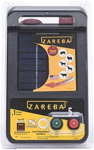 Zareba ESP5M-Z Solar Powered Low Impedance Electric Fence Charger - 5 Mile Lightning Electric Fence Energizer, Contain Animals and Keep Out Predators,Black