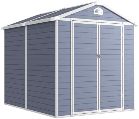 Aoxun 6 x 8 FT Outdoor Storage Shed with Window, Resin Shed with Floor & Lockable Doors, Garden Shed Waterproof Plastic Tool Shed with Sloped Roof for Backyard, Garden, Patio, Lawn, Grey