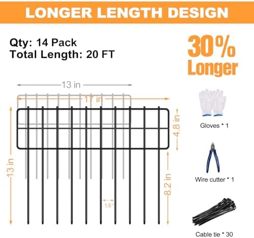 KYATE Garden Fence Animal Barrier, 14 Panels No Dig Fence 20ft(L) x13in(H), Rustproof Metal Defense Border, Dogs Rabbits Blocker Fence for Outdoor Yard & Patio