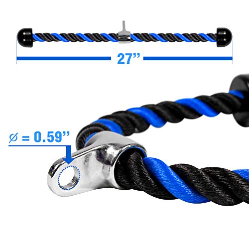 Yes4All Deluxe Blue Black Tricep Rope 27 Inches Black Cable Attachment, Pulley System Gym Pull Down Rope with Carabiner, Exercise Machine Attachment, G. 27 inch - Blue Black