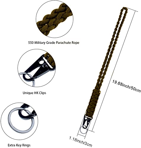Heavy Duty Braided 550 Paracord Neck Lanyard Keychain for Men Women Outdoor Survival, Parachute Rope Necklace Keychains with HK Clip Key Ring for ID Card Badge Holder, Camera, Wallet and Keys (Army
