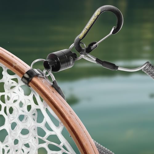 SF Strongest Magnetic Release Holder Keychain Fly Fishing Net Retractor Magnet Clip with Coiled Lanyard Carabiner - Black