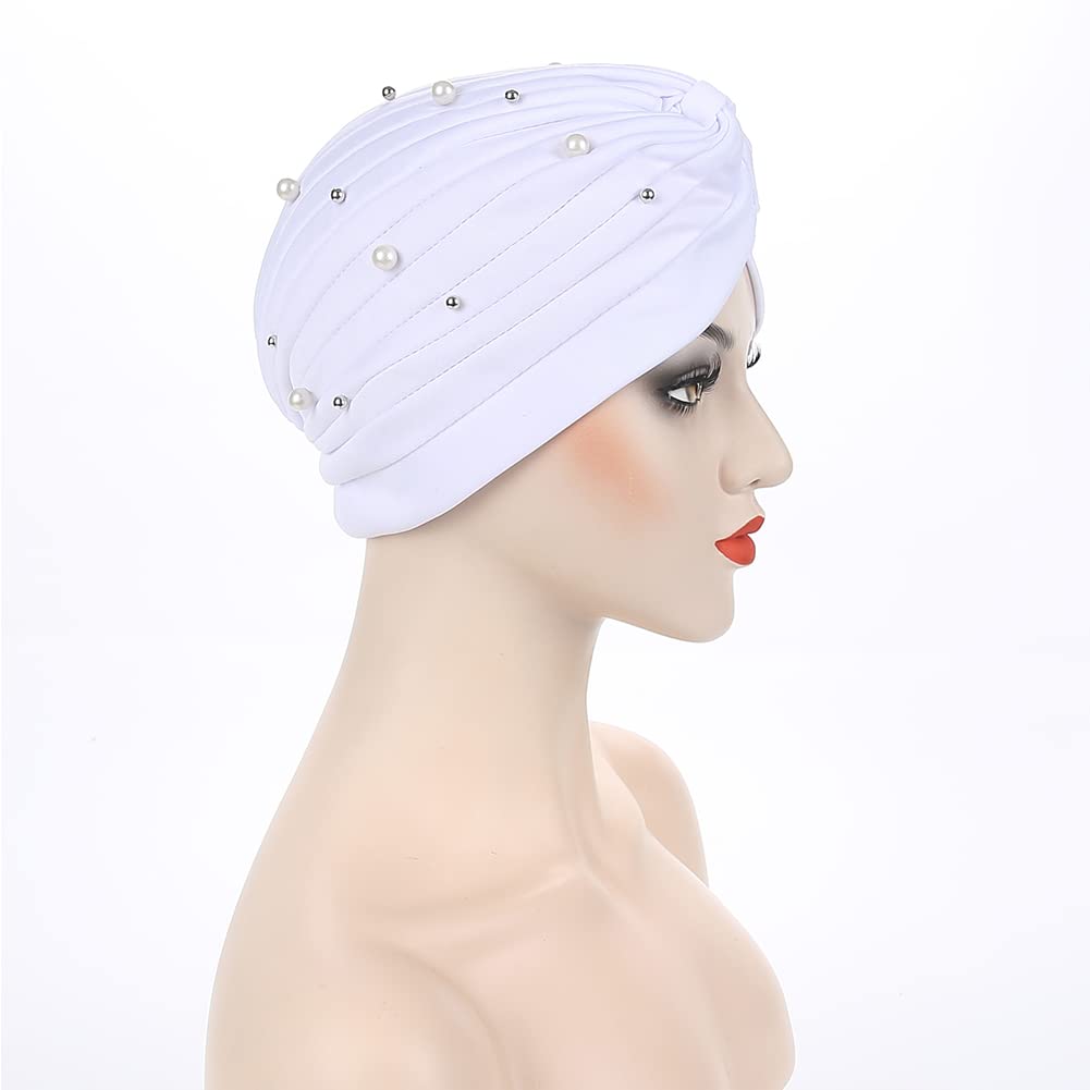 Fxhixiy Turban Hats for Women Beaded Pre Tied Knot Hats Chemo Beanies Headwrap caps for Cancer Hair Cover (White)