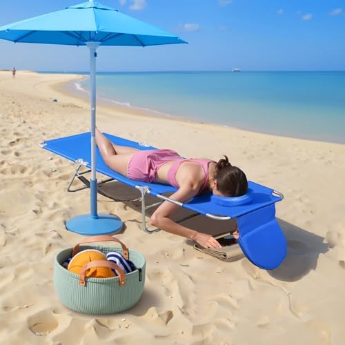 WLIVE Beach Chair for Adults, 4-Position Folding Tanning Chairs with Face Hole, 2 Legs Support Portable Outdoor Chair for Beach, Pool, Blue