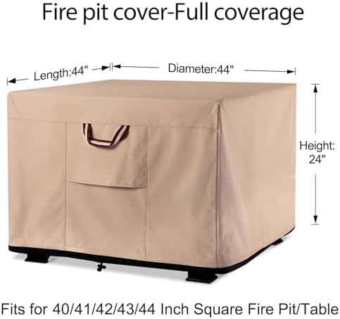 QH.HOME Fire Pit Cover Square-40-44 Inch Heavy Duty 900D Strong Tear-Resistant and UV Resistant and Waterproof and Fading Resistant Material Polyester Firepit Covers for Outdoor Fire Table-Wheat
