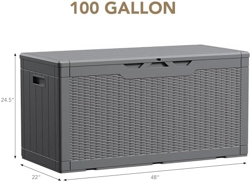 Devoko 100 Gallon Waterproof Large Resin Deck Box Indoor Outdoor Lockable Storage Container for Patio Furniture Cushions Garden Tools (100 Gallon, Grey)