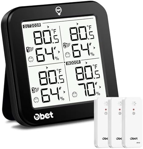 OBET Indoor Outdoor Thermometer Wireless with 3 Sensors Weather Station Temperature Humidity Monitor 500ft Range and Adjustable Backlight and Min Max Data Black