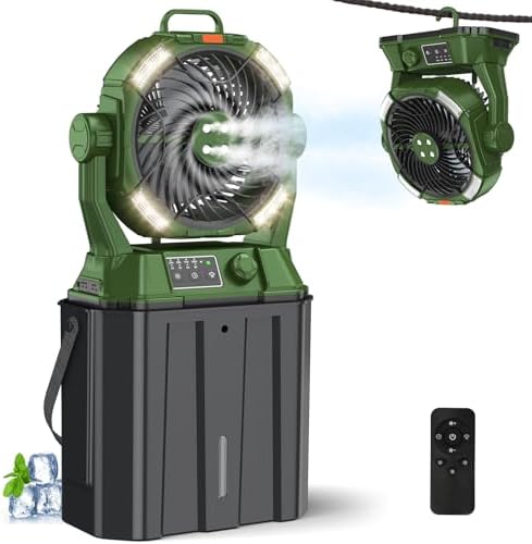 Misting Fan with Portable 6L Bucket for Outdoor Patios, 20000mAh Rechargeable Mister Fan for Camping with LED Light, 4 Spray Mister, Remote Controller Green