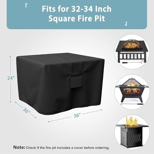 SHINESTAR 36 Inch Square Fire Pit Cover, Fits for 32-36 Inch Outdoor Fire Table Cover, Waterproof and Windproof, 36 x 36 x 24 Inch, Black