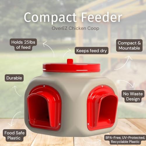 OverEZ Compact Chicken Feeder - Holds 25 Pounds of Feed - Inside or Outside Hen Coop - Large Gravity Fed Automatic Poultry Food Dispenser - No Waste Rainproof Design