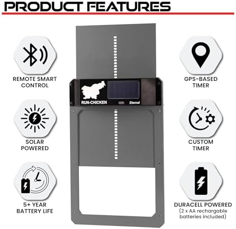 RUN-CHICKEN Door (Gray) Solar Chicken Coop Door, Battery Powered Automatic Chicken Coop Door, Programmable Electric Chicken Door with Timer, Light Sensor, Solar Powered, Eternal