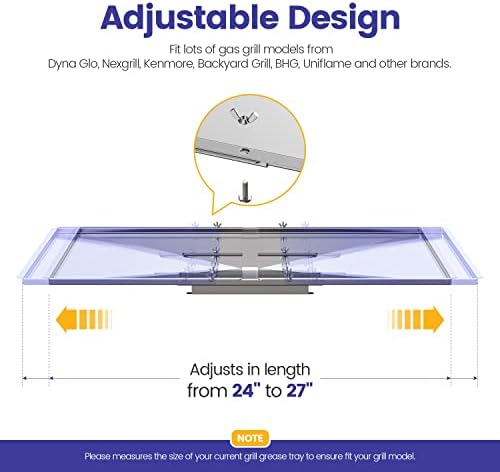 Geesta Grill Grease Tray Set, Stainless Steel Grill Replacement Parts, 24" - 27" Adjustable Grill Drip Pans Fit for Gas Grill from Dyna Glo, Nexgrill, Backyard Grill, Expert, BHG, Kenmore and More