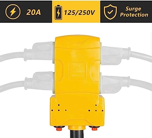 50 Amp to 20 Amp 110V RV Distribution Adapter, NEMA 14-50P to 4 X 5-20R/15R RV Generator Adapter, 4-Prong to Mutiple Household Outlet w/ 20amp Circuit Breaker, 1.5FT