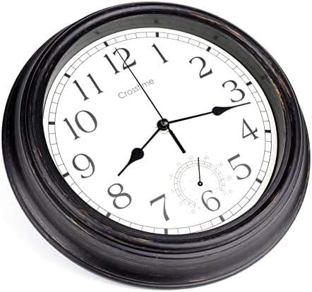 16 Inch Large Outdoor Clock Waterproof with Thermometer Retro Wall Clocks for Patio Pool Garden Home,Bronze