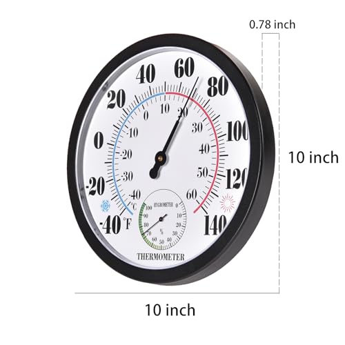 Indoor Outdoor Thermometer Large Numbers Wall Thermometer Hygrometer Waterproof Does not Require Battery 10 inch Wireless Hanging Hygrometer Garden Decoration (Black)