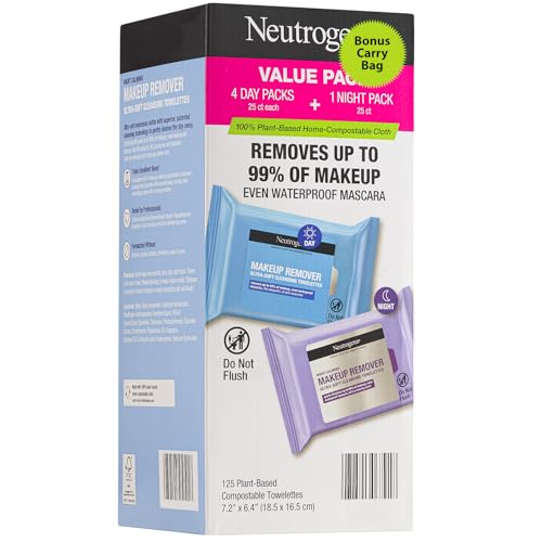 Makeup Remover Wipes, NeutrogeneDay & Night Calming Wipes Ultra-Soft Cleansing Facial Towelettes for Makeup, Alcohol-Free, Plant-Based, 125 Count (Pack of 5) With Travel Case, Great Gift Idea