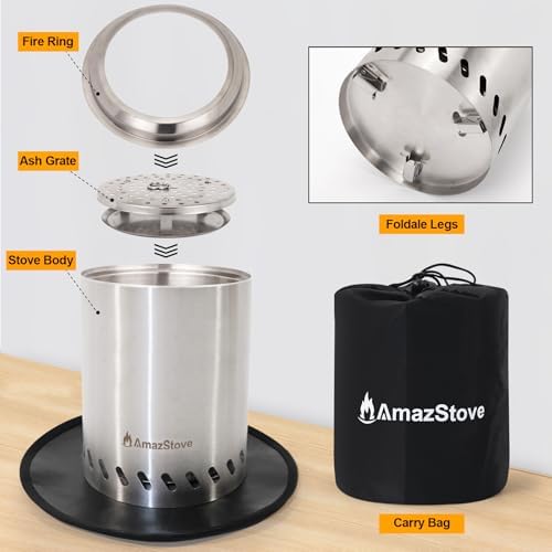9 x 7 Inch Tabletop Fire Pit by AmazStove, Low Smoke Camping Stove for Outdoor Safe Burning Firepits, Fueled Pellets or Wood, Travel Bag Included, Silver