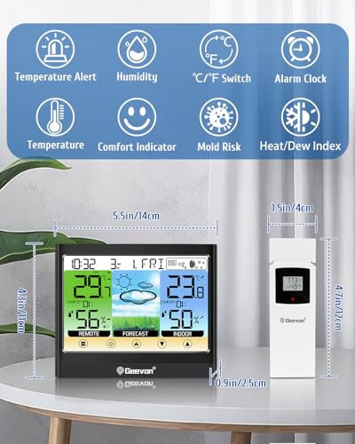 Geevon Weather Stations Wireless Indoor Outdoor Thermometer Hygrometer with Dew Point, Heat Index, Touch LCD Display Digital Weather Thermometer with Alarm Clock and Adjustable Backlight