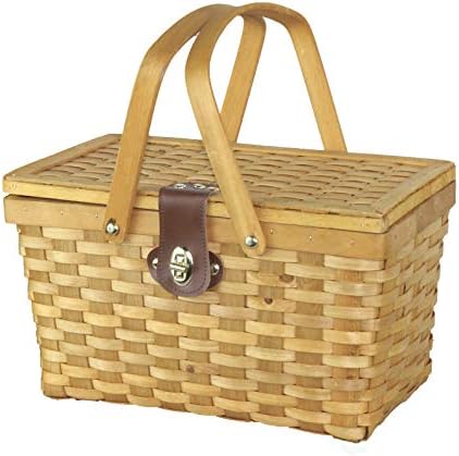 Vintiquewise.com Gingham Lined Woodchip Picnic Basket with Lid and Movable Handles
