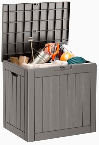 31 Gallon Resin Deck Box, Lockable Patio Outdoor Storage Box for Furniture, Garden Tools and Tools Storage, Waterproof Outside Storage Boxes - Grey
