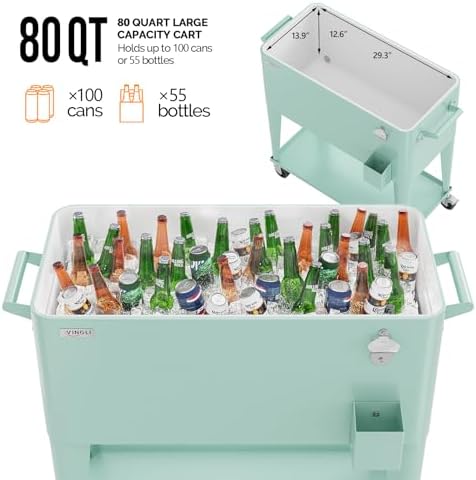 VINGLI 80 Quart Rolling Ice Chest, Portable Patio Party Bar Drink Cooler Cart, with Shelf, Beverage Pool with Bottle Opener