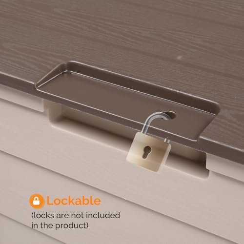 VINGLI 75 Gallon Outdoor Storage Box, Lockable Plastic Storage Containers with Lid, Patio Deck Box Furniture for Garden, Pool, Balcony, Yard (Coffee)