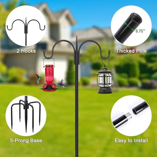FEED GARDEN Adjustable Double Shepherds Hook for Outdoor with 5 Prong Base 63 Inch Heavy Duty Two Sided Bird Feeder Pole for Hanging Plant Baskets, Solar Light Lanterns, Wind Chimes