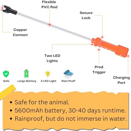 Rechargeable Cattle Prod, Waterproof Electric Livestock Prod with 2 LED Lights, Rechargeable Animal Prod for Farm Ranch Herding and Big Large Dogs, Livestock Shock Stick with Flexible Shaft