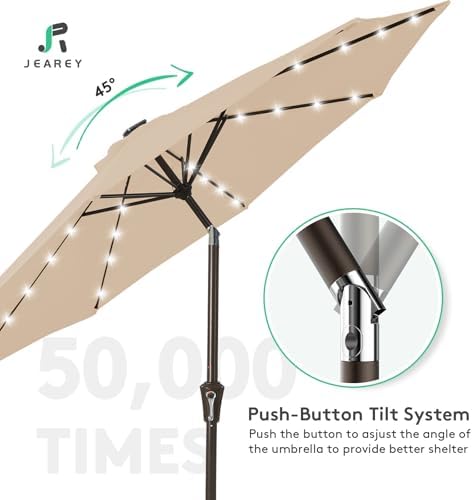 JEAREY 9FT Outdoor Patio Umbrella with Solar Lights, LED Lighted Pool Umbrella with Tilt and Crank, Outdoor Table Umbrellas for Deck, Yard & Market (Beige)