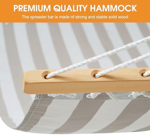 Lazy Daze Hammocks Quick Dry Hammock with Spreader Bar Textliene Fabric Double Outside Hammock with Chains Outdoor Patio Poolside Backyard Beach 450 lbs Capacity, Beige White Stripes