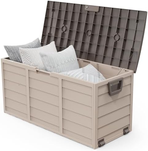 VINGLI 75 Gallon Outdoor Storage Box, Lockable Plastic Storage Containers with Lid, Patio Deck Box Furniture for Garden, Pool, Balcony, Yard (Coffee)