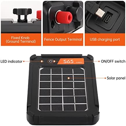 S65 0.065J Solar Electric Fence, 2 Miles Solar Fence Charger for Preventing Bears, Raccoons, Skunks Intruding, Solar Electric Fence Charger with Grounding Rod