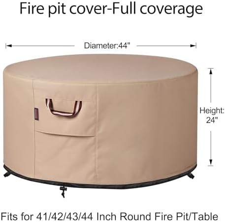 QH.HOME Fire Pit Cover Round-41-44 Inch Heavy Duty 900D Strong Tear-Resistant and UV Resistant and Waterproof and Fading Resistant Material Polyester Firepit Covers Round for Outdoor Fire Pit-Wheat